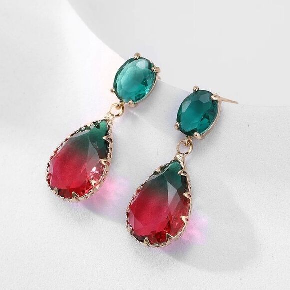 Gemstone Drop Earrings Red Green Gold plated Fashion - Picture 1 of 4